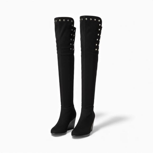 Vintage Y2K Stuart Weitzman Boots 8 Moto Over The Knee Studded Black Suede Wedge - Picture 1 of 8